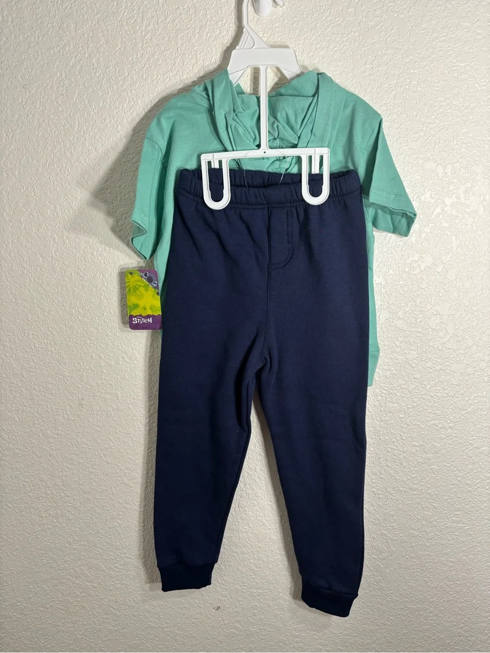 NWT Disney Kids Mint Green Stitch Hoodie T-shirt Set with Navy Pants